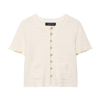 Thea | Short Sleeve Button Up Cardigan Cream Knit Pockets