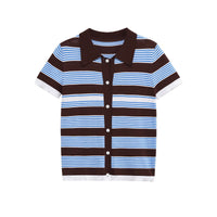 Mira | Striped Knit Polo Pink Navy White Short Sleeve Button