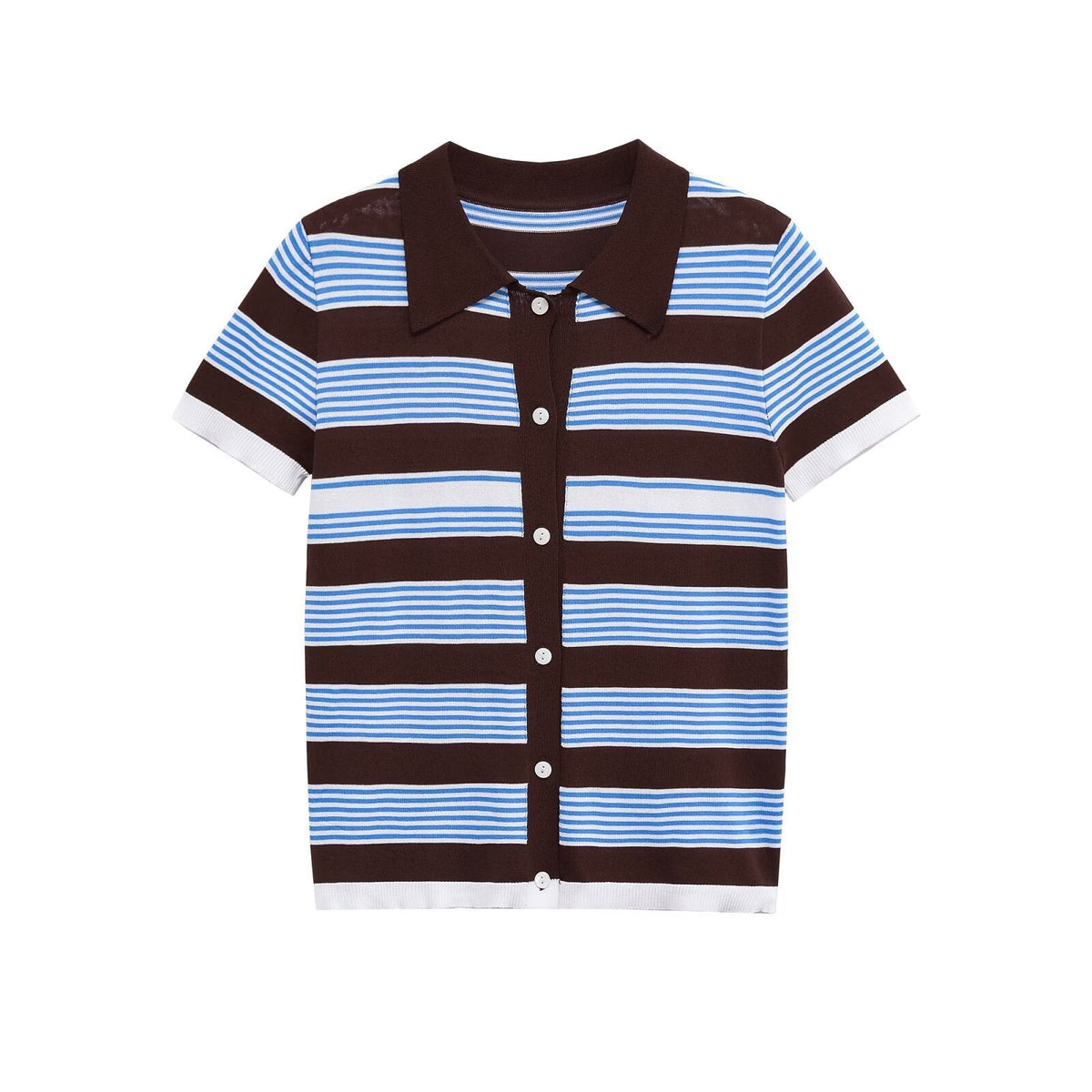 Mira | Striped Knit Polo Pink Navy White Short Sleeve Button