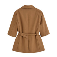 Faye | Belted Camel Blazer Dress Three Quarter Sleeve