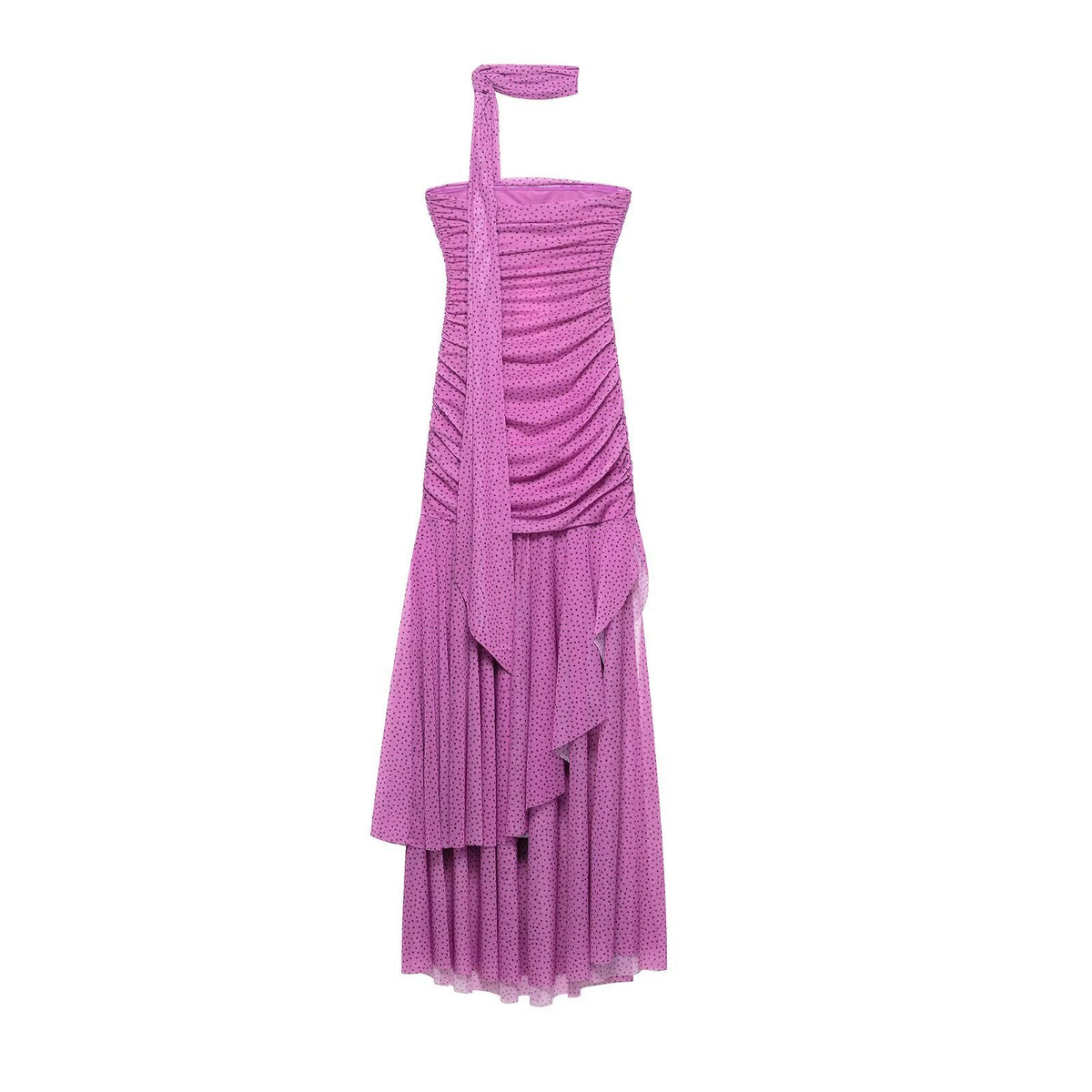 Vera | Halter Ruched Maxi Dress Pink Polka Dot