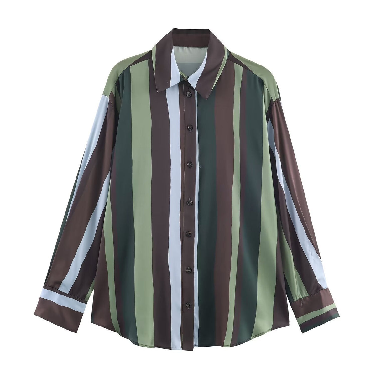Elise | Striped Button Down Shirt Green Brown White Long Sleeve