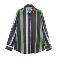 Elise | Striped Button Down Shirt Green Brown White Long Sleeve
