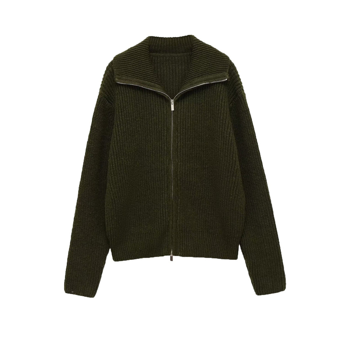Neve | Knit Cardigan Olive Green Zip Up Collar