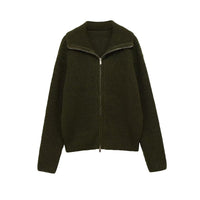 Neve | Knit Cardigan Olive Green Zip Up Collar