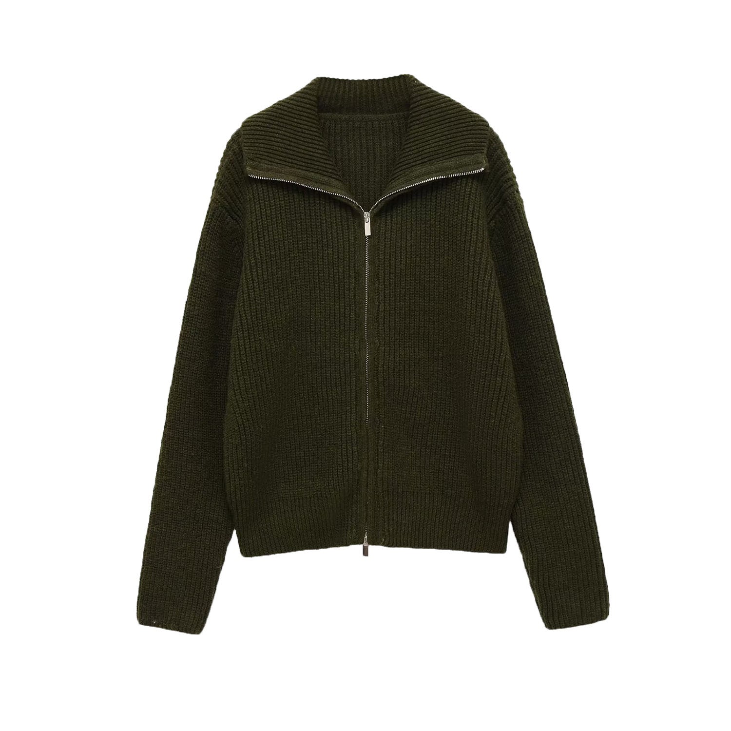 Neve | Knit Cardigan Olive Green Zip Up Collar