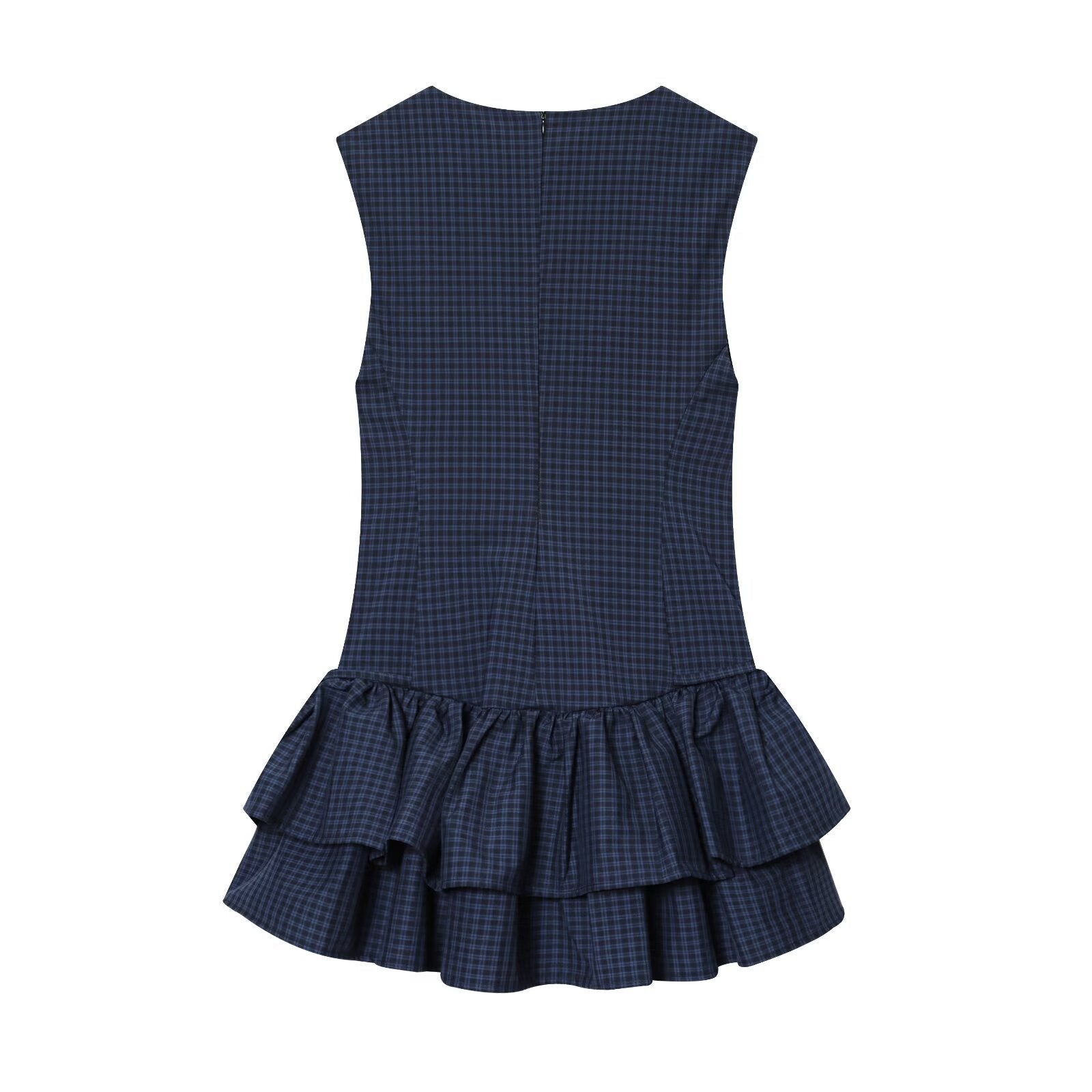 Alma | Preppy Ruffle Hem Mini Dress Navy Blue Plaid