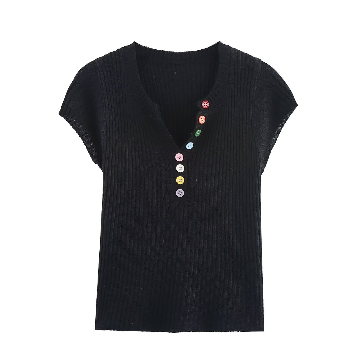 Vera | Ribbed Knit Top Black Colorful Buttons