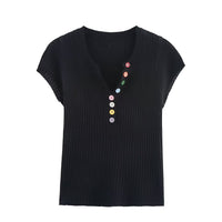 Vera | Ribbed Knit Top Black Colorful Buttons