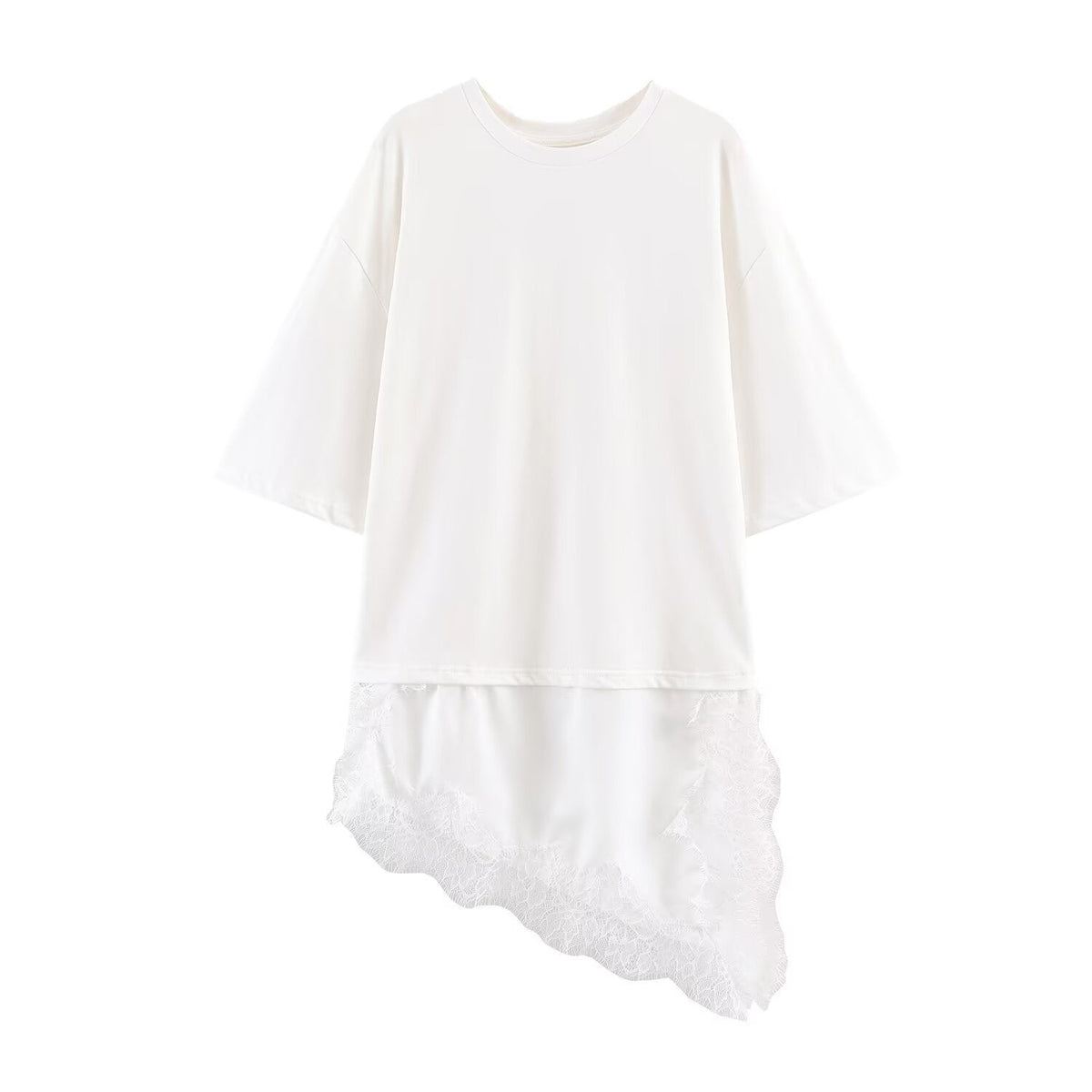 Vera | Oversized T Shirt Cream Lace Hem Asymmetrical