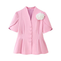 Celine | Coquette Button Up Blazer Pink Short Sleeve Floral Pin