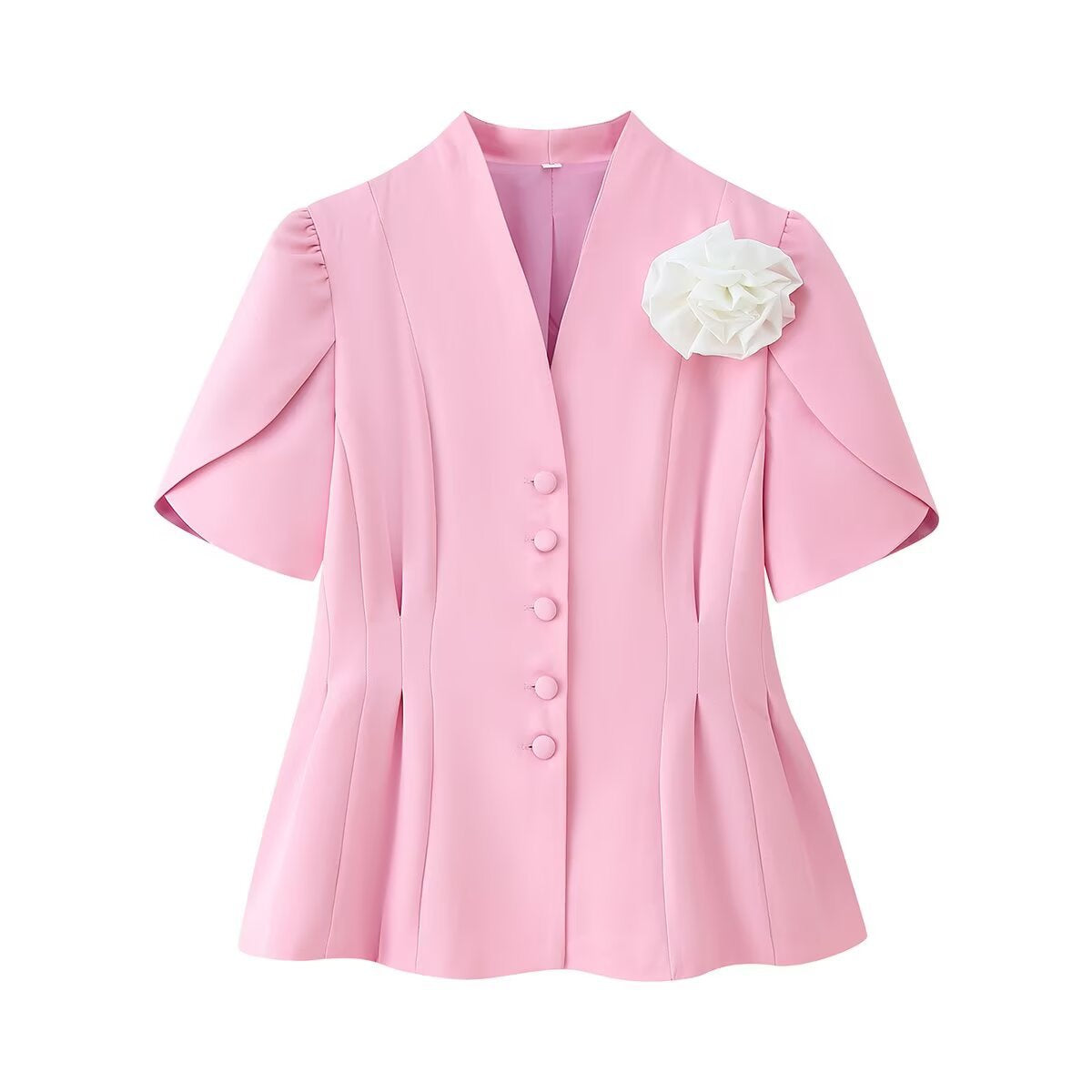 Celine | Coquette Button Up Blazer Pink Short Sleeve Floral Pin