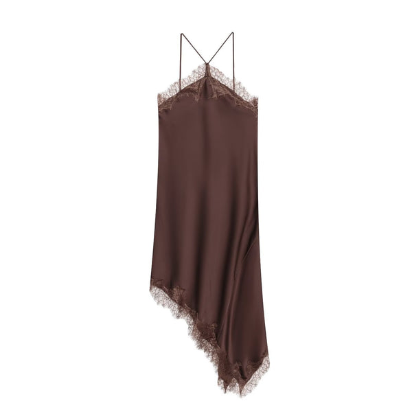 Vera | Lace Trim Satin Slip Dress Brown V Neck