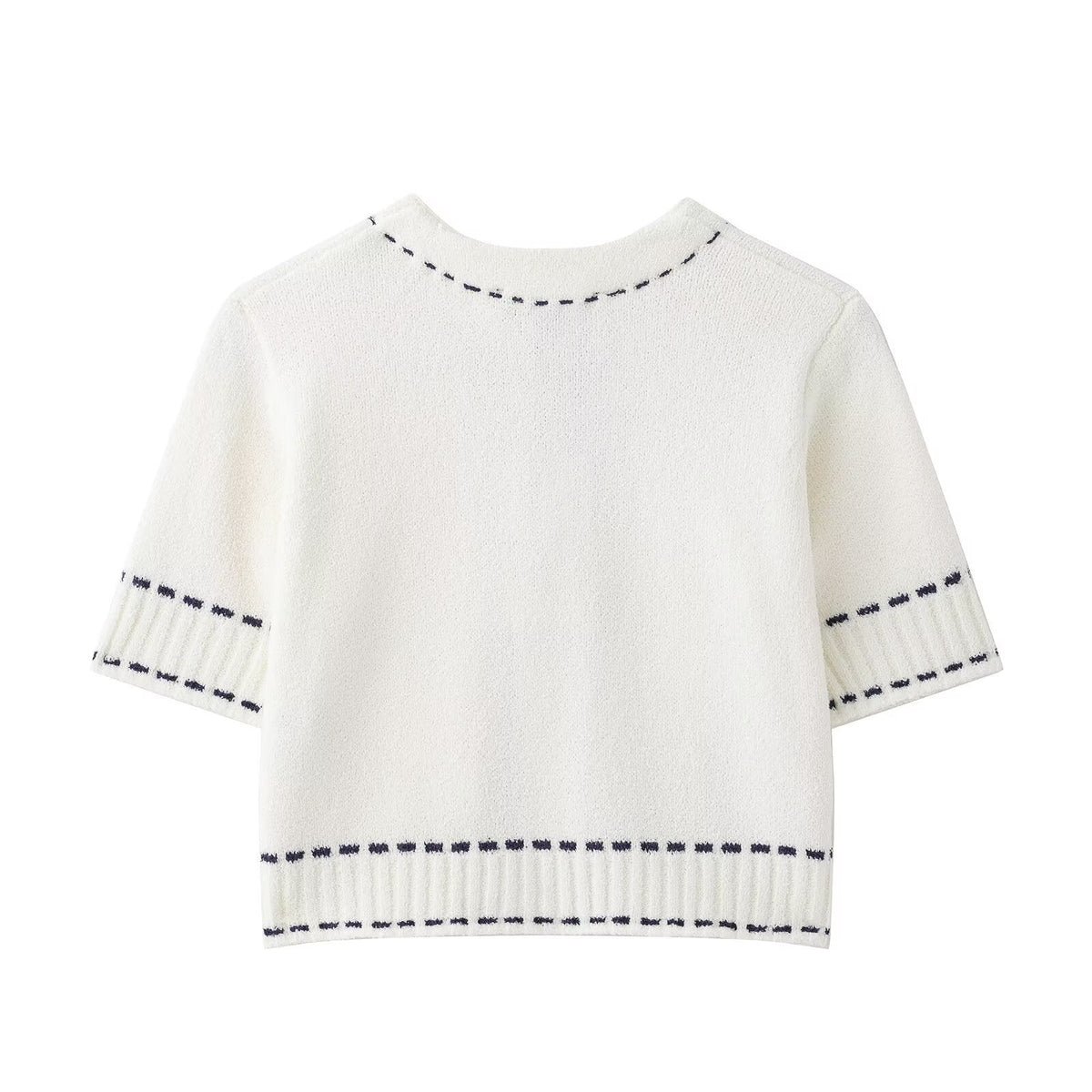 Vera | Cropped Knit Top Cream Contrast Stitch Pocket