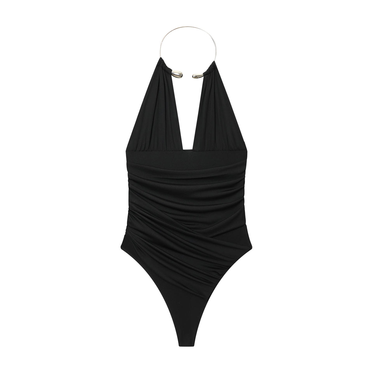 Vera | Halter Ruched Bodysuit Black Ring Detail
