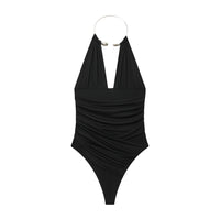 Vera | Halter Ruched Bodysuit Black Ring Detail