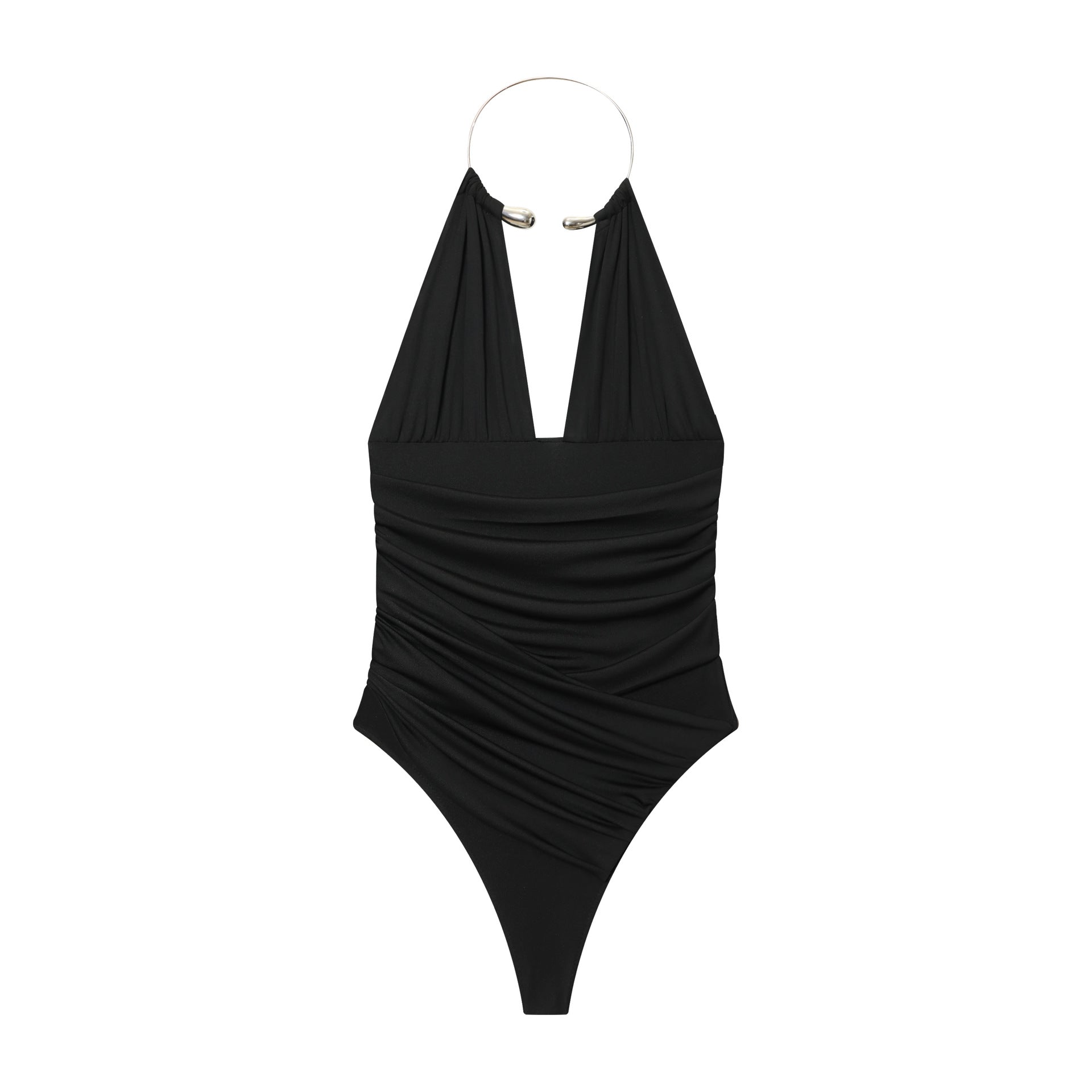 Vera | Halter Ruched Bodysuit Black Ring Detail