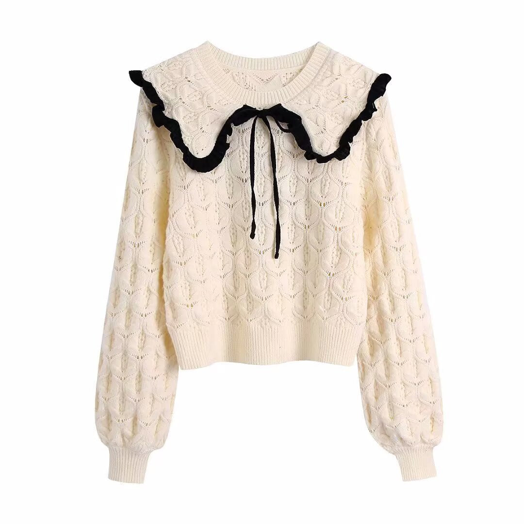 Nola | Coquette Cable Knit Sweater Cream Ruffle Collar Black Bow