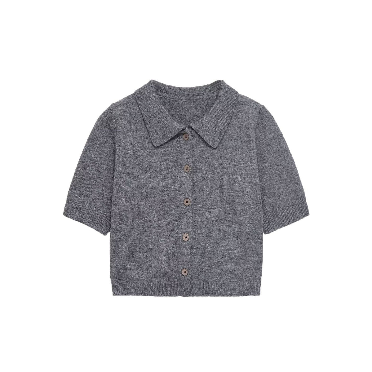 Nell | Short Sleeve Knit Sweater Gray Button Front Collar