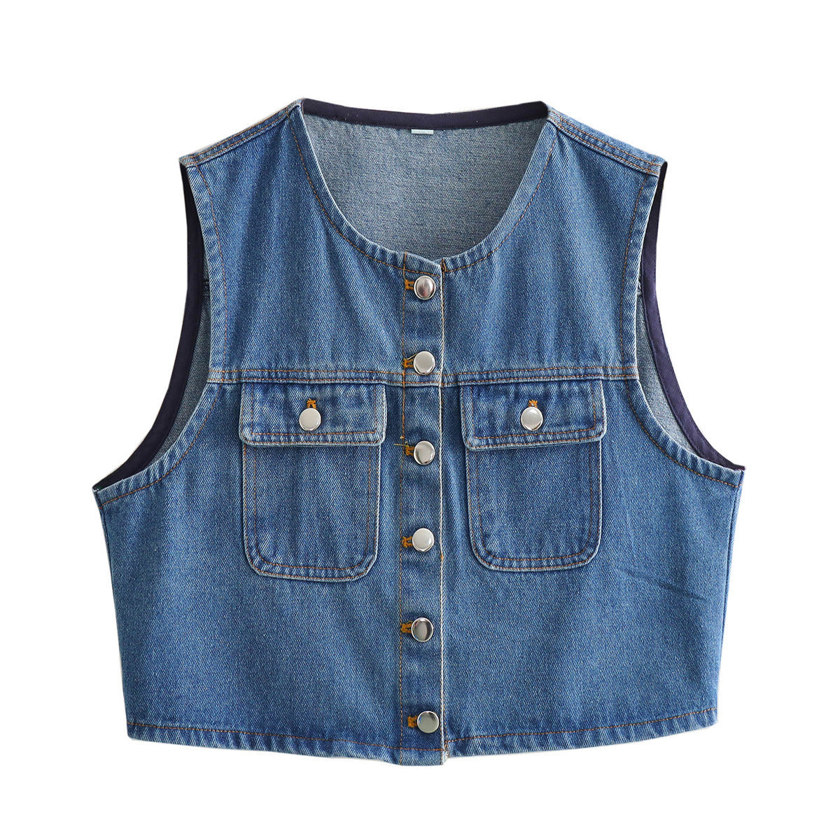 Nola | Cropped Denim Vest Blue Button Front Pockets