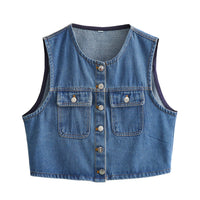 Nola | Cropped Denim Vest Blue Button Front Pockets