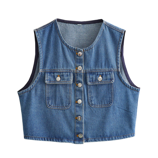Nola | Cropped Denim Vest Blue Button Front Pockets