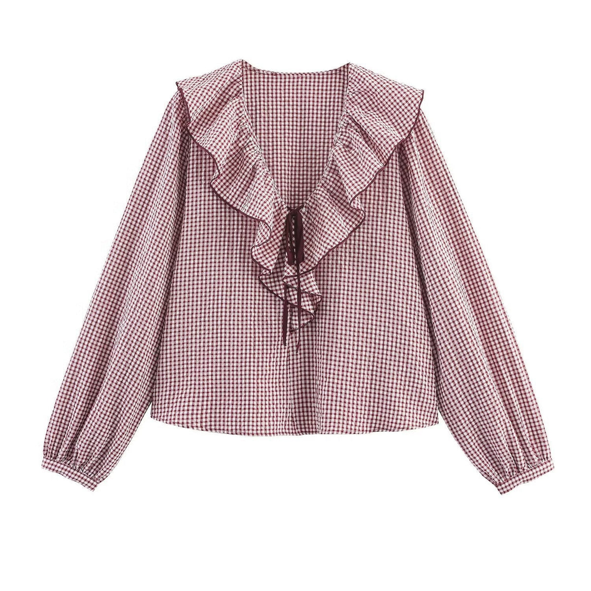Elsa | Cottagecore Ruffle Lace Up Blouse Burgundy Long Sleeve