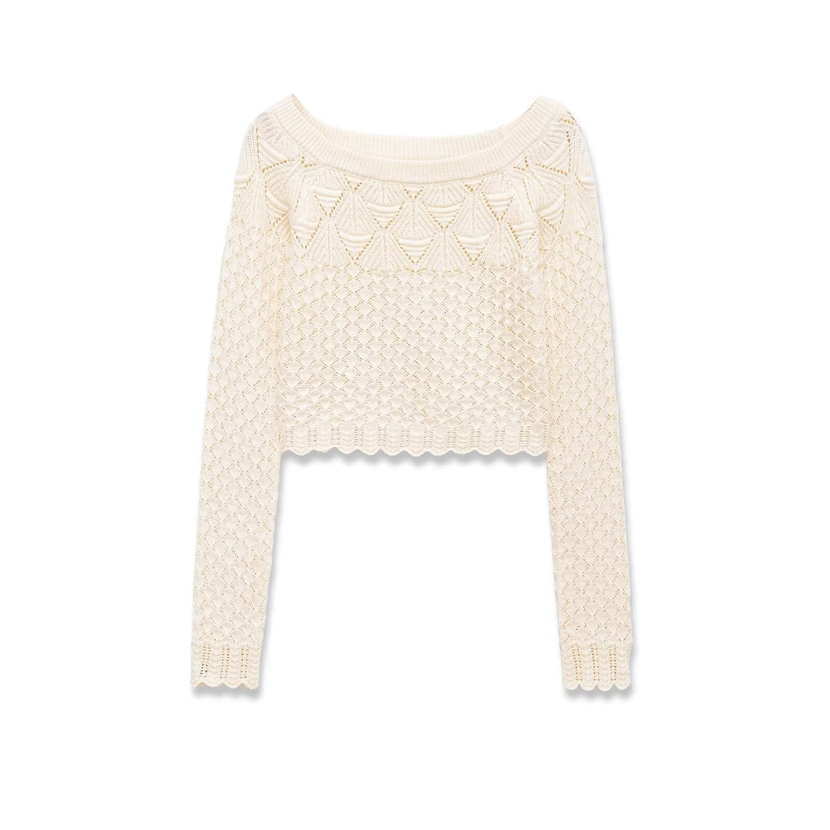 Alma | Cropped Crochet Top Cream Scalloped Long Sleeve