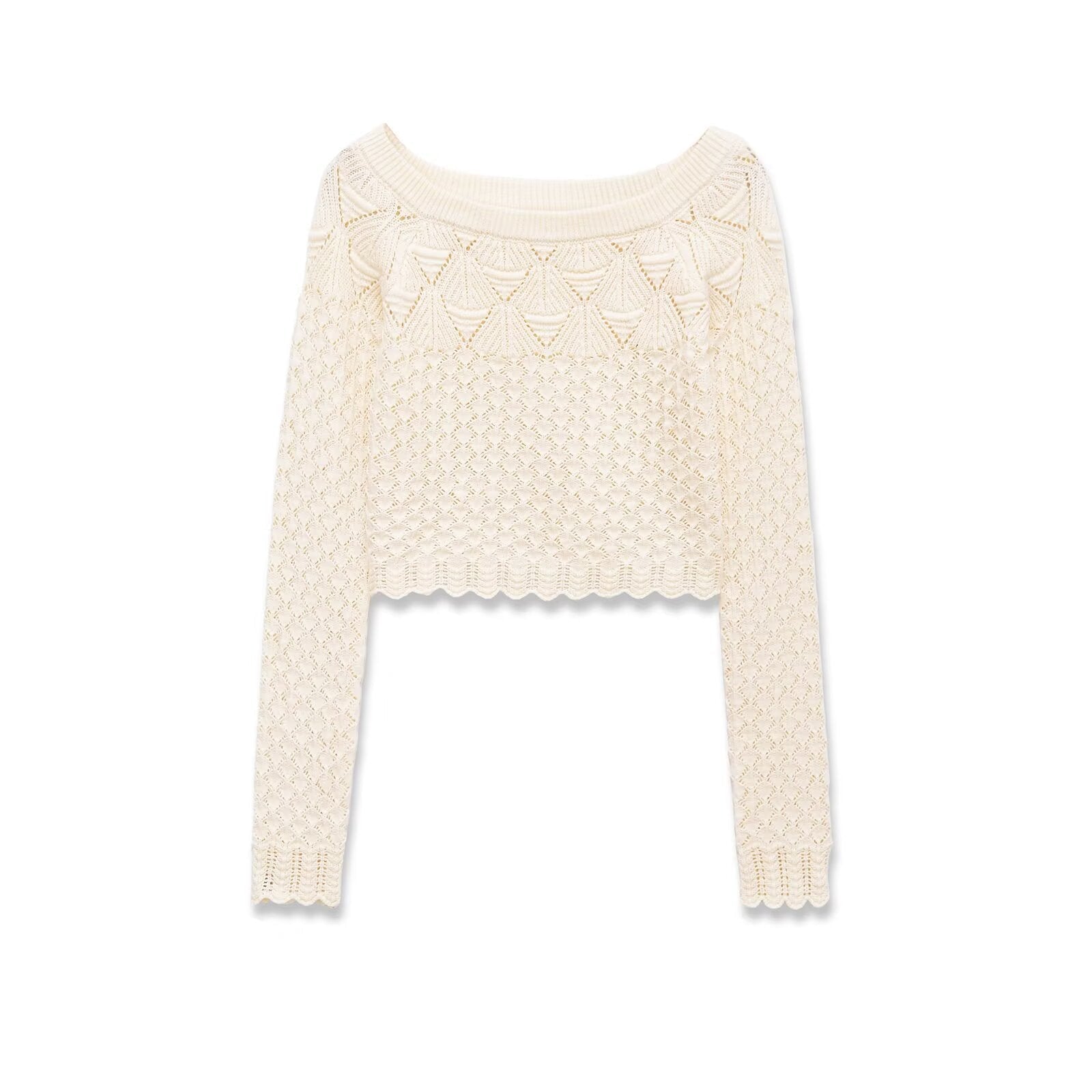 Alma | Cropped Crochet Top Cream Scalloped Long Sleeve