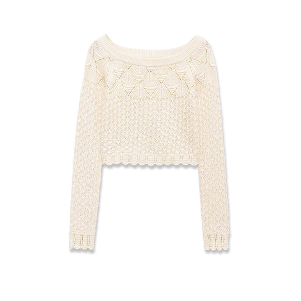 Alma | Cropped Crochet Top Cream Scalloped Long Sleeve