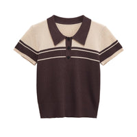 Cleo | Preppy Ribbed Knit Polo Cream Brown Striped Collar