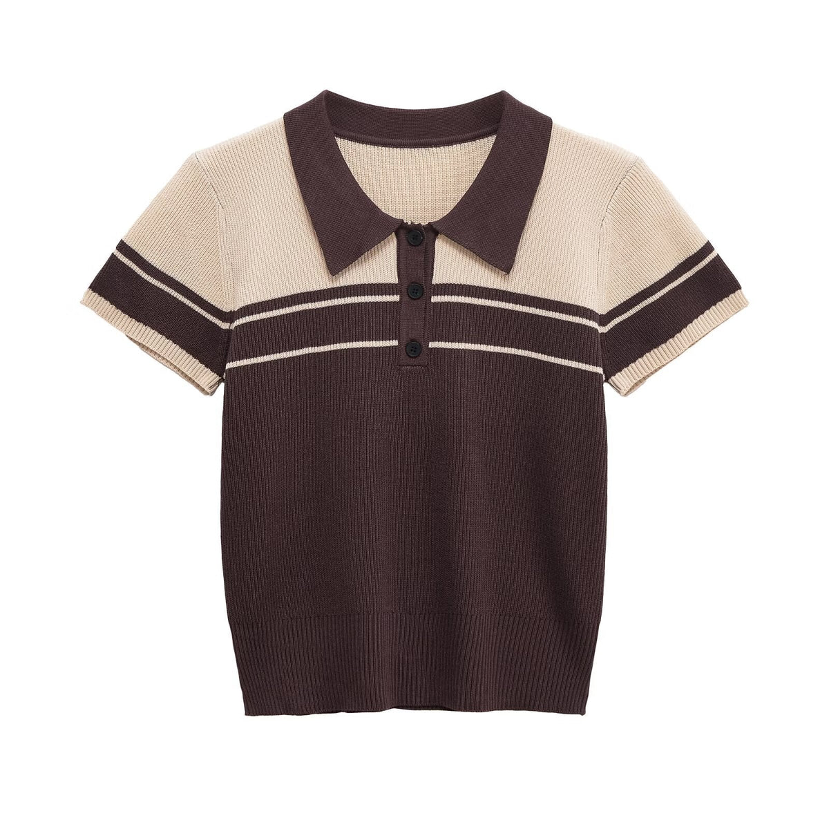 Cleo | Preppy Ribbed Knit Polo Cream Brown Striped Collar
