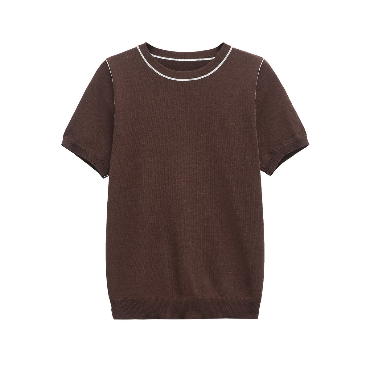 Vera | Crew Neck Knit Top Brown Contrast Trim