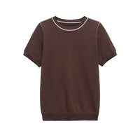 Vera | Crew Neck Knit Top Brown Contrast Trim