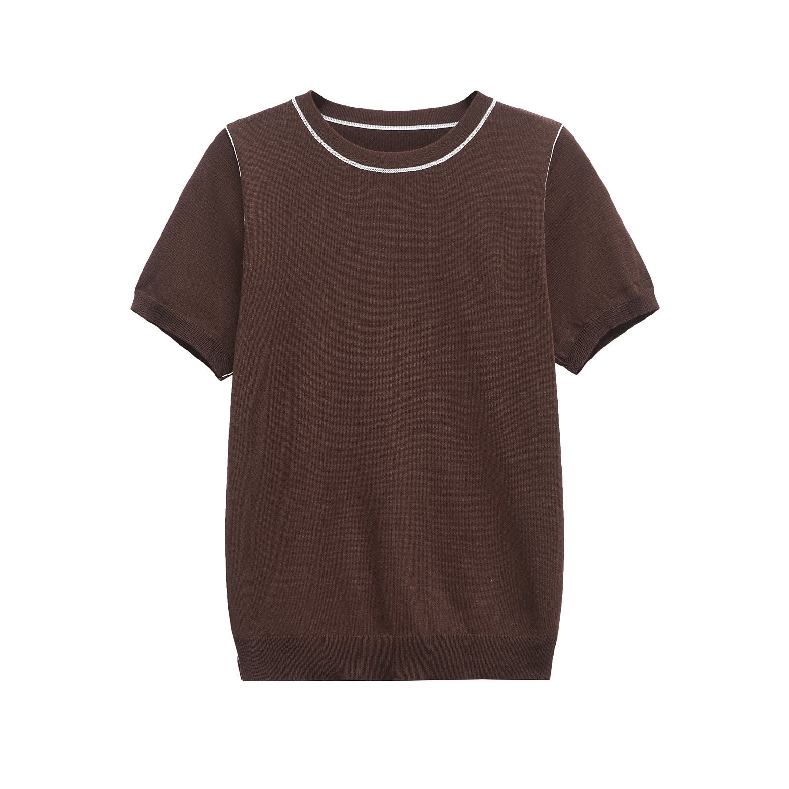 Vera | Crew Neck Knit Top Brown Contrast Trim
