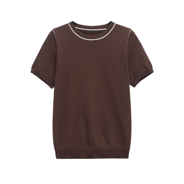 Vera | Crew Neck Knit Top Brown Contrast Trim