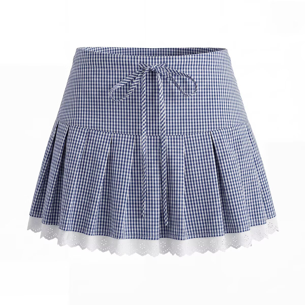 Vera | Cottagecore Puff Sleeve Skirt Set Blue Gingham Lace Trim