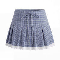 Vera | Cottagecore Puff Sleeve Skirt Set Blue Gingham Lace Trim