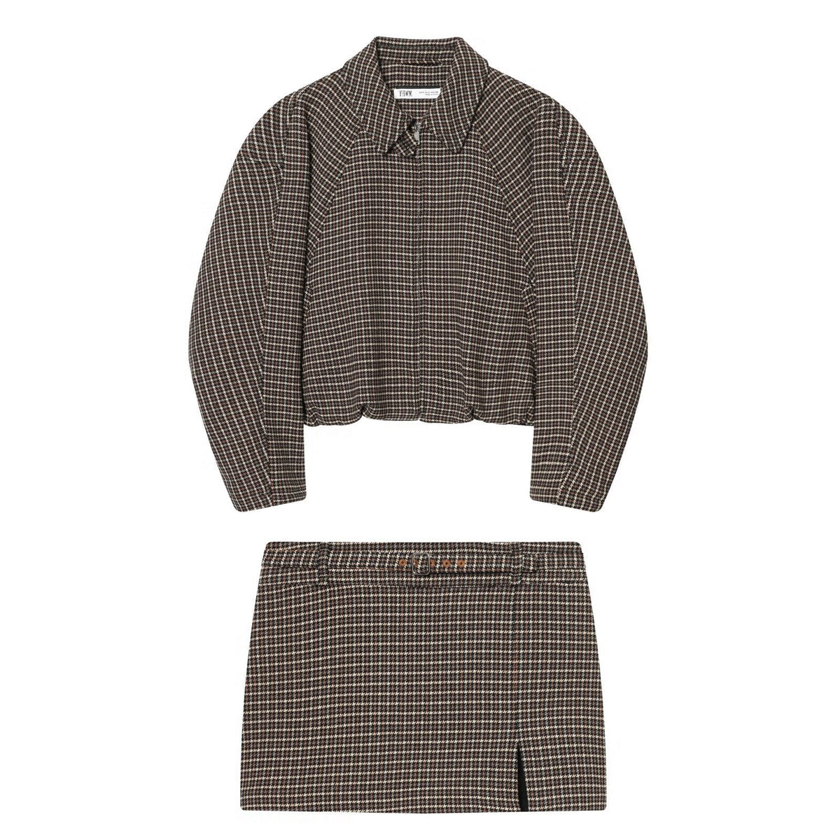Alma | Houndstooth Cropped Shirt Skirt Set Brown