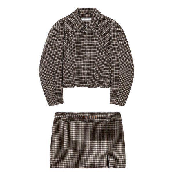Alma | Houndstooth Cropped Shirt Skirt Set Brown