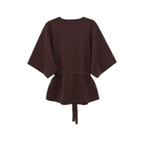 Isla | Drawstring Waist Peplum Top Brown Short Sleeve