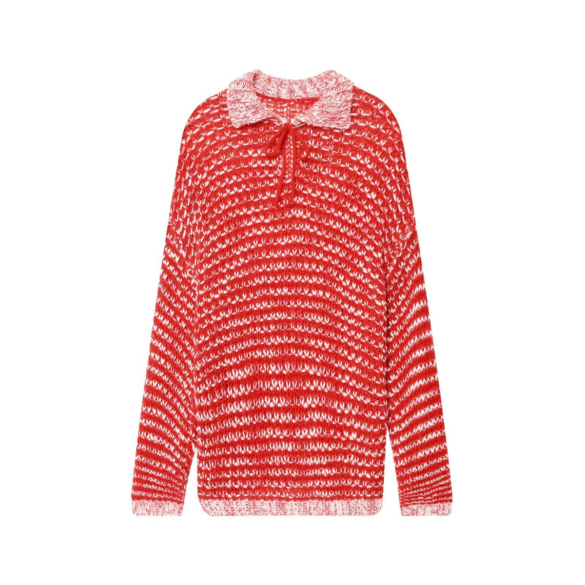 Vera | Open Knit Polo Sweater Red Collared Long Sleeve