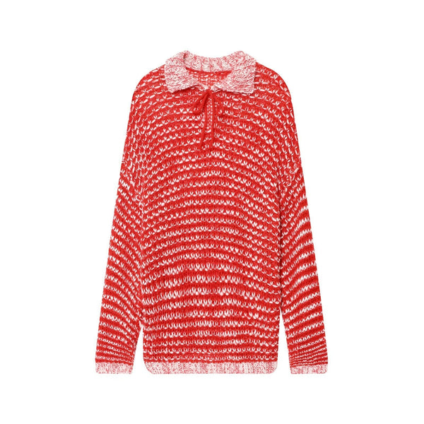 Vera | Open Knit Polo Sweater Red Collared Long Sleeve