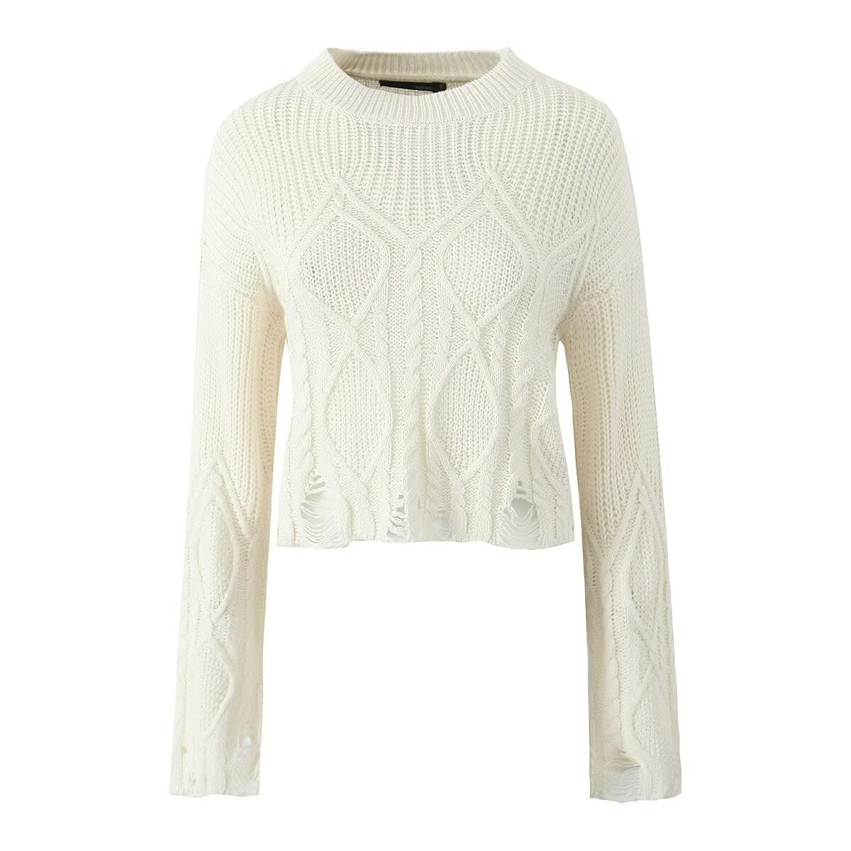 Aria | Cropped Cable Knit Sweater Cream Distressed Long Sleeve