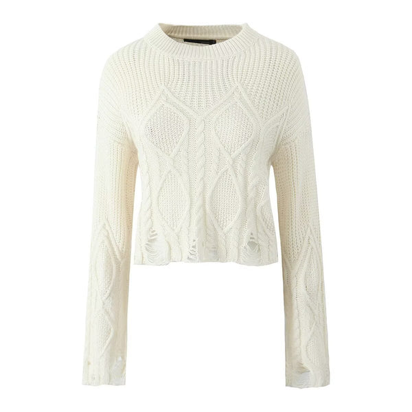 Aria | Cropped Cable Knit Sweater Cream Distressed Long Sleeve