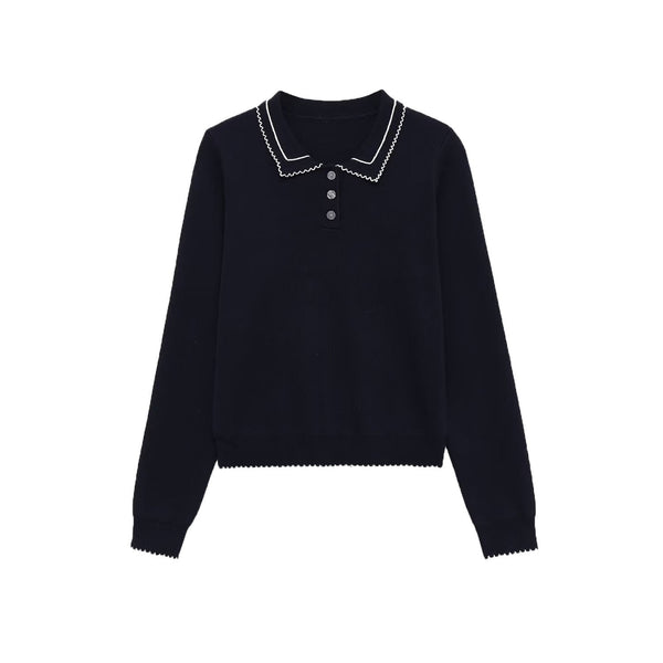 Vera | Cropped Knit Top Black Contrast Collar