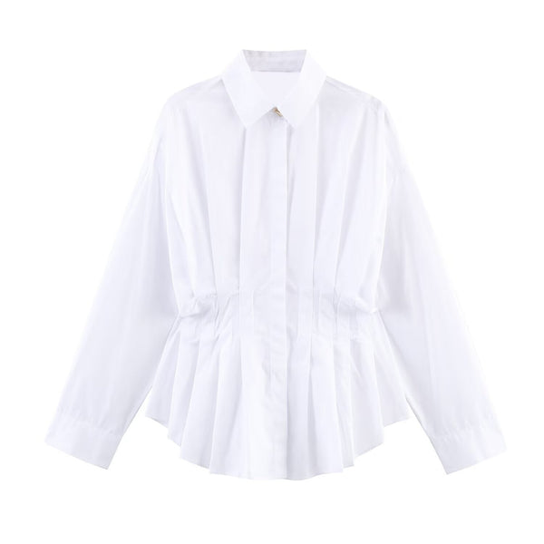 Vera | White Button Down Blouse Pleated Cinched Waist