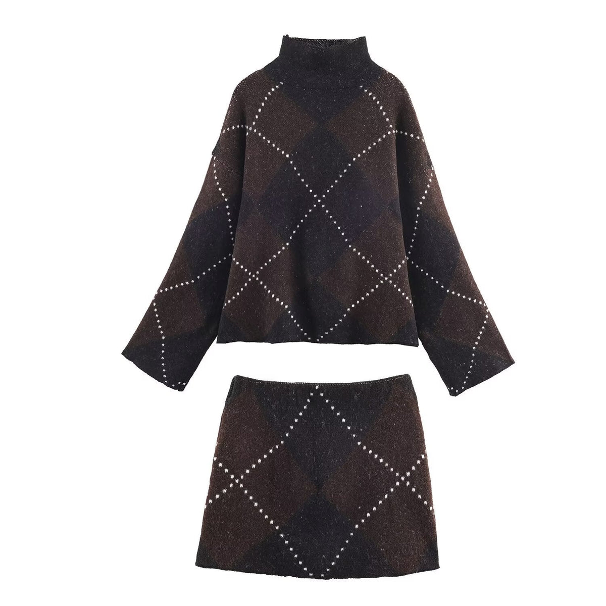 Vera | Argyle Knit Sweater Set Brown Studded Turtleneck