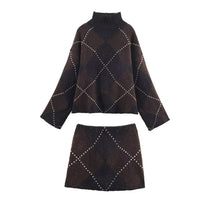 Vera | Argyle Knit Sweater Set Brown Studded Turtleneck