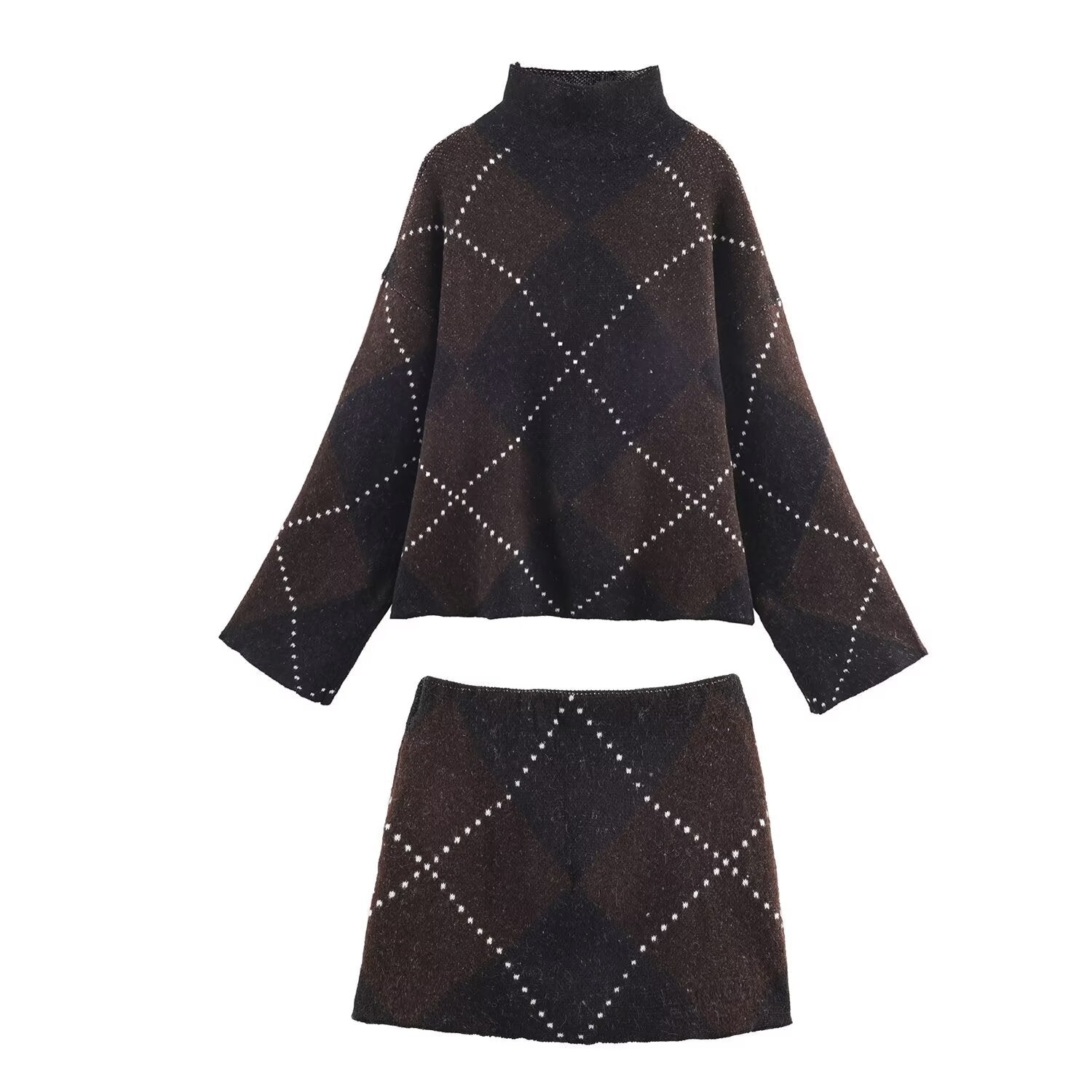 Vera | Argyle Knit Sweater Set Brown Studded Turtleneck